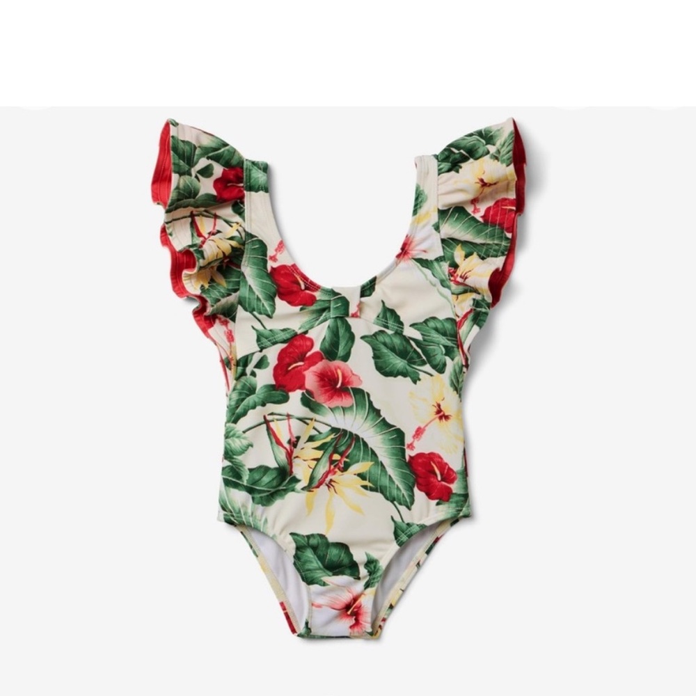 Janie & Jack little Girls floral one piece swimsuit  UPF50+ ruffle shoulder SZ 6